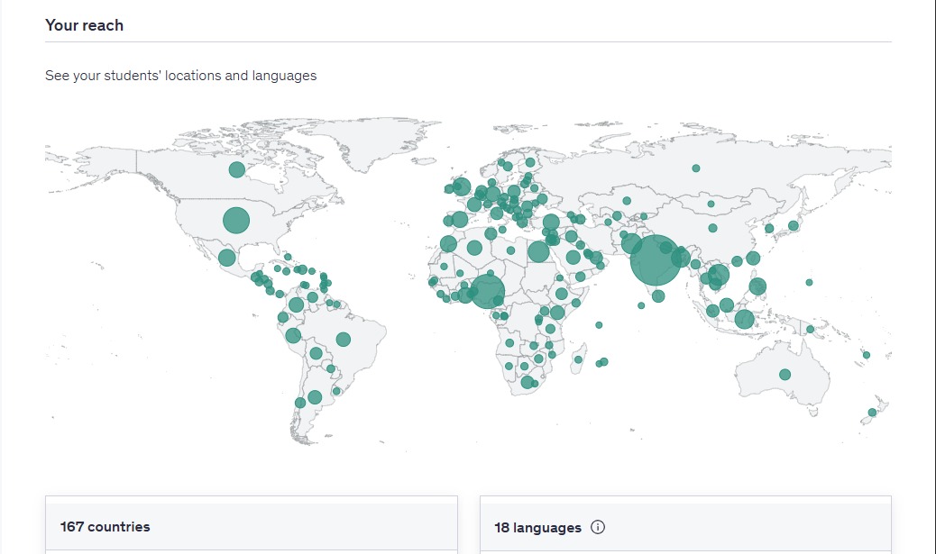 Map showing Owais Ahmed Qureshi's students across 167 countries and 18 languages